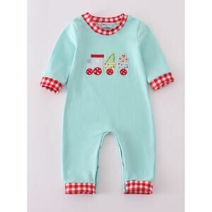 NEW Abby & Evie Train Christmas Romper Baby 12M Aqua Gingham Trim One Piece